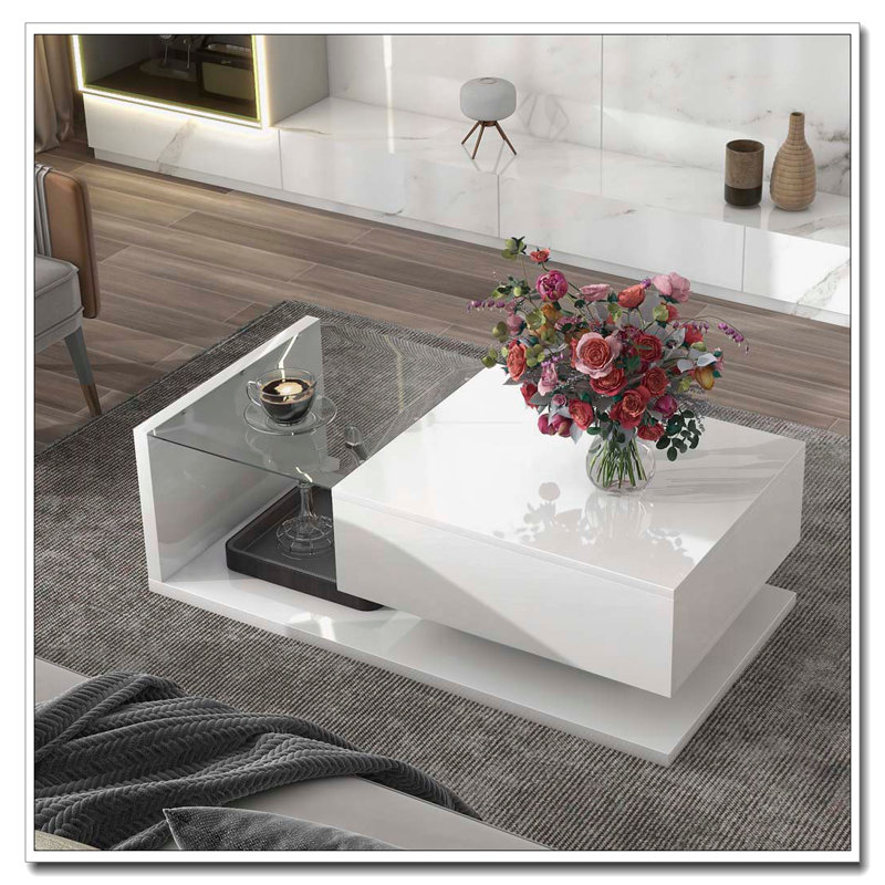 Table basse en verre trempé, table basse en bois avec surface UV ultrabrillante, Blanc