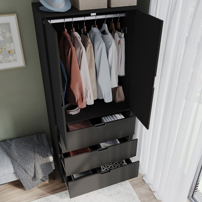 Stephy Solid Wood Wardrobe, Black
