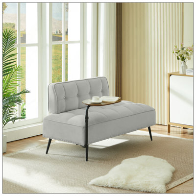 54-Inch Modern Two-Seater Velvet Sofa with Backrest & 360° Rotating Side Table – Entryway Ottoman, Multi-Use Bench, Office Desk and Chair Set, Space-S