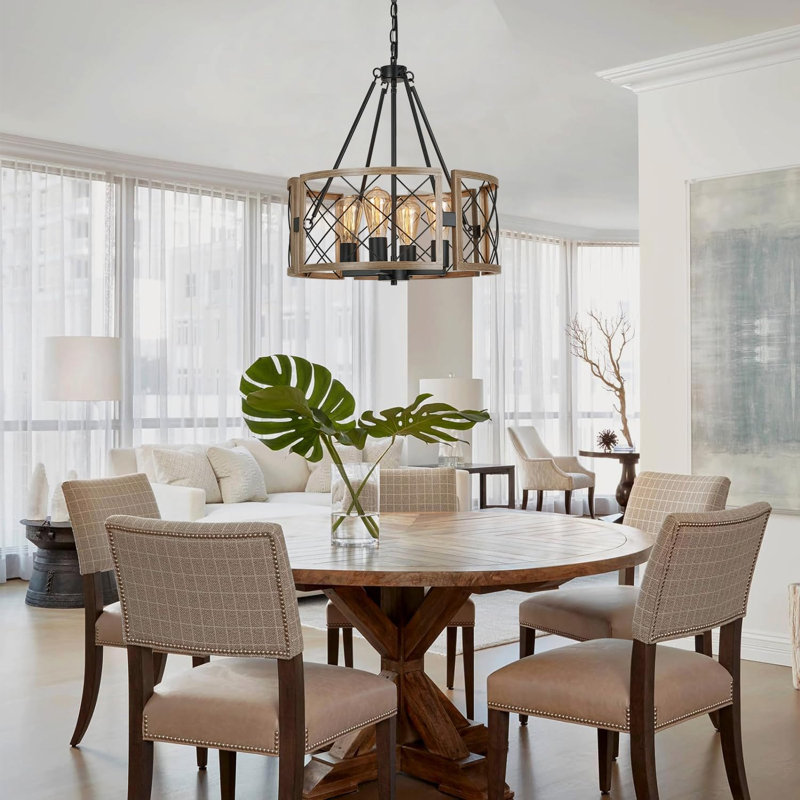 Lustre de maison de campagne moderne, lustre de salle à manger rustique à 4 lumières avec îlot de cuisine, suspension réglable, chêne noir et foncé