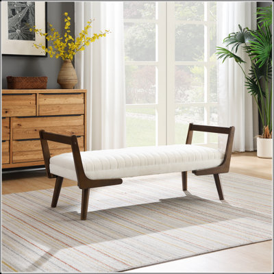 52" Mid Century Bench With Walnut Wood Leg,Channeled Upholstered Footrest Stool For Kitchen, Living Room, Bedroom, Entryway, End Of Bed. Chenille Fabric