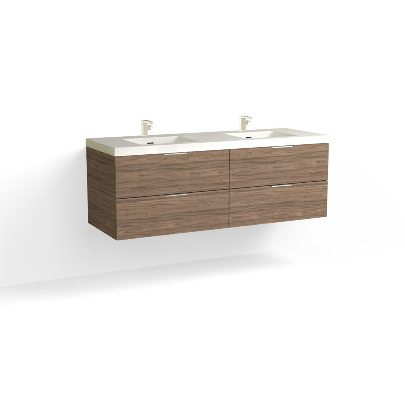 Avila 60" W Wall Mounted Double Bathroom Vanity, Glossy White/8" Widespread, Nocino, Matte Black