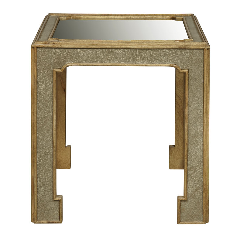 Gray Faux Shagreen Square Side Table with Mirrored Top