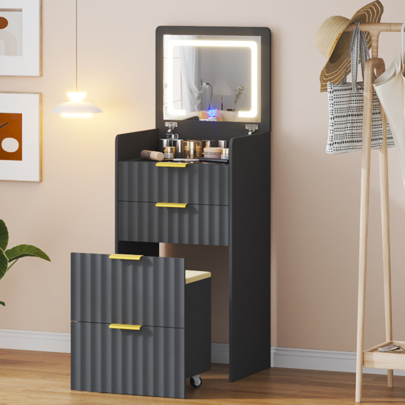 3-in-1 Dressing Table with Flip-Top LED Mirror and Rolling Stool, Shadow Black