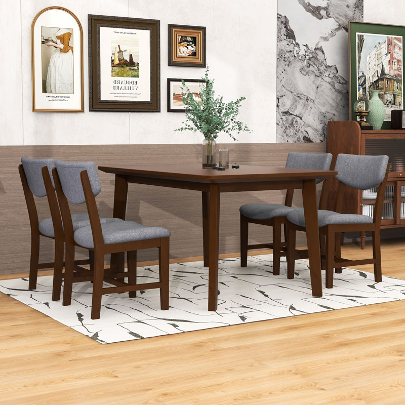 Ensemble de salle à manger rustique 5 pièces avec table en bois et 4 chaises rembourrées, Noyer, Noyer
