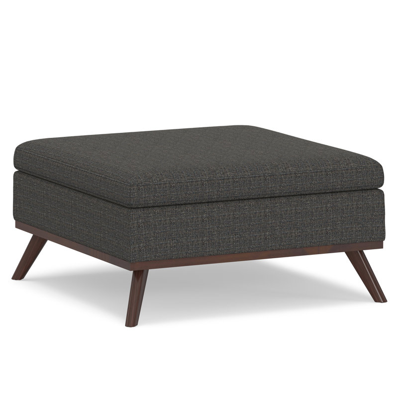 Owen 36"W Upholstered Fabric Mid-Century Modern Square Lift-Top Ottoman with Tufted Detail, Ebony Tweed Look Polyester