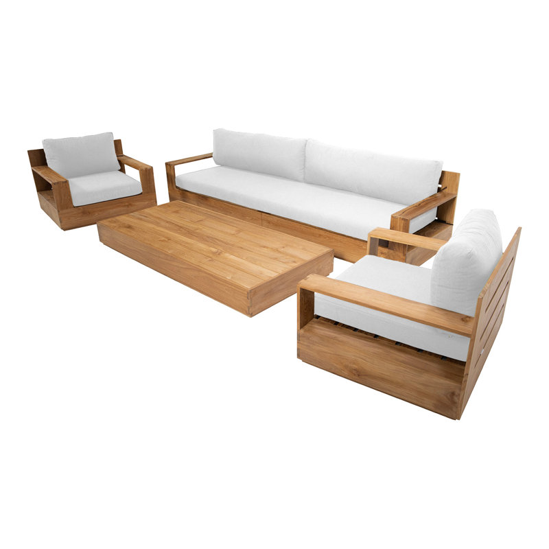 Pacific Outdoor 4 - Piece Teak Conversation Set with Sunbrella Cushions, White, 6 Pcs:  Sofa,2Chair,Cushion,Table,Ottoman