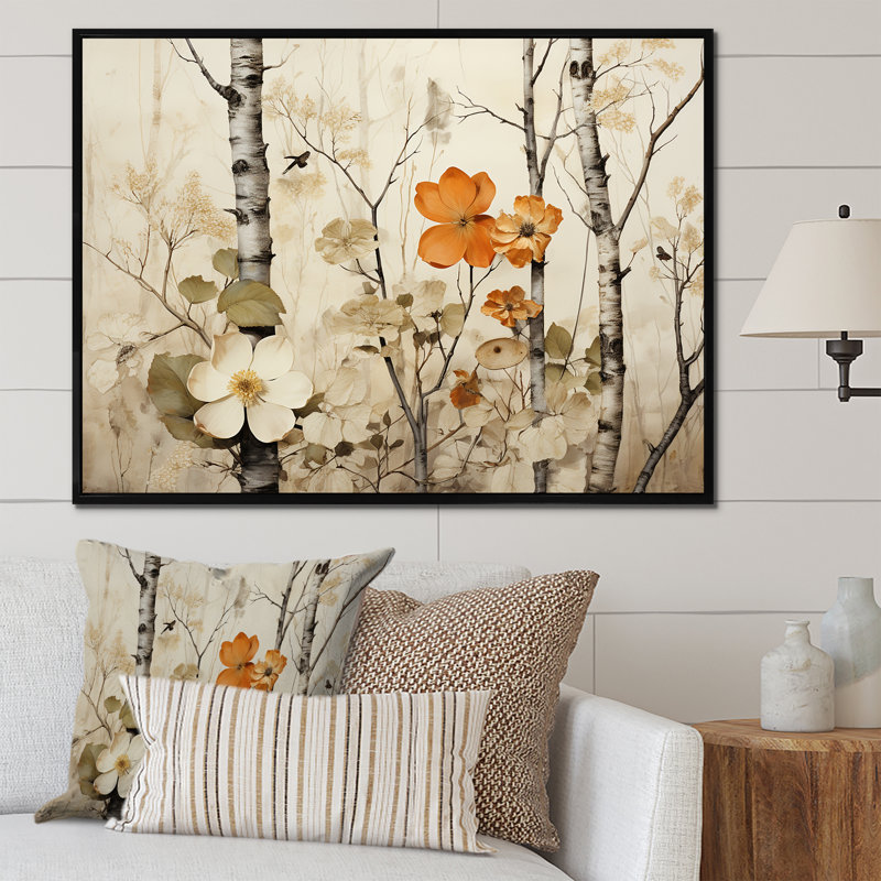 Floral, beige et brun, bouleau, forêt, forêt - arbre, art mural, Cadre flottant noir, H 12 po x l 20 po x P 1 po