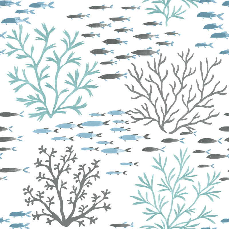 Rouleau de papier peint L 33 pi x l 20,5 po Kourou Marine Garden, Bleu/brun