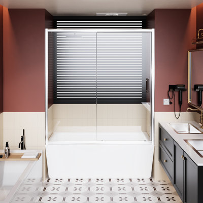 Single Sliding Shower Door For Bathtub, 60 In W X 62 H, Clear Tempered Glass, Aluminum Frame, Zinc Alloy Rollers, And Smooth, Waterproof Aesthetics H 1/5 Inch Thick Stainless Steel Handle, Adjustable