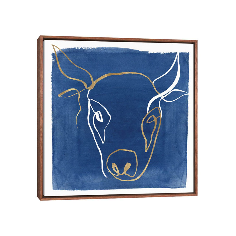 Indigo Ox par Isabelle Z - impression d'art graphique, Toile avec cadre en bois brun classique, H 37 po x l 37 po x P 1,5 po