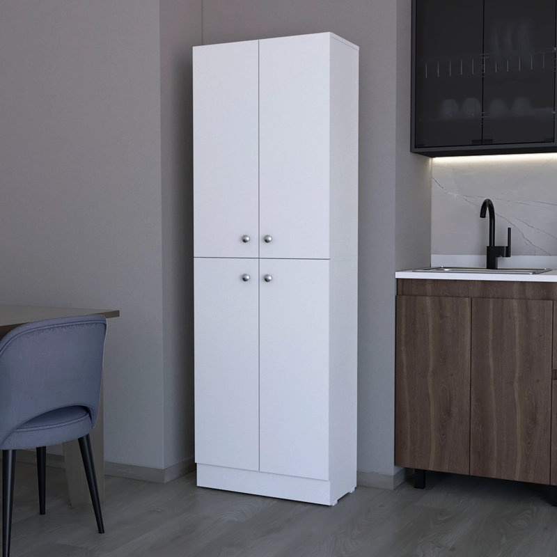 Garde-manger blanc à 4 portes avec 5 tablettes polyvalentes pour l'organisation de la cuisine et 4 portes pratiques, White