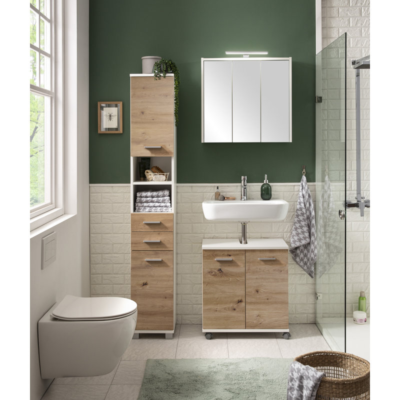 Hafley Bathroom Cabinet, Matte White/Artisan Oak Decor/Silver