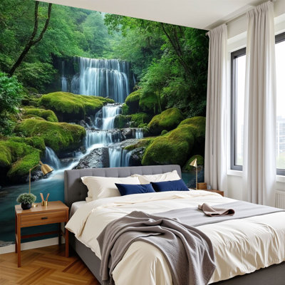Peel and Stick Wallpaper 96" x 69" Modern Self Adhesive Wall Mural for Bedroom beautiful waterfall green forest jungle