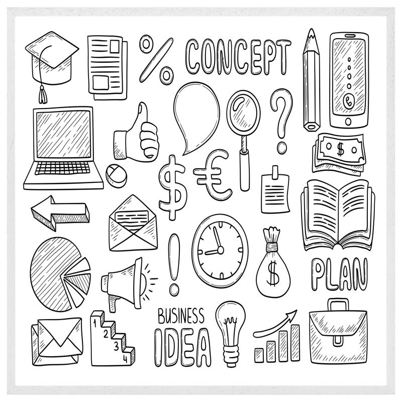 Business Doodles - Single Picture Frame Print, 76cm H x 76cm W x 4cm D, White