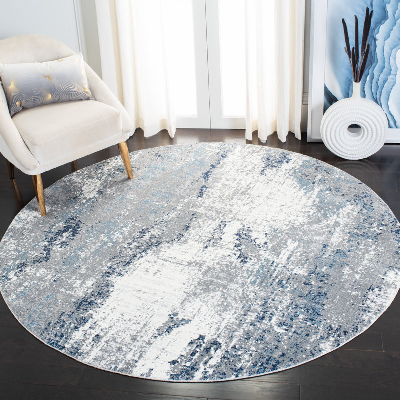 Tapis gris/bleu zone abstraite Musa, Rond 6 pi 7 po