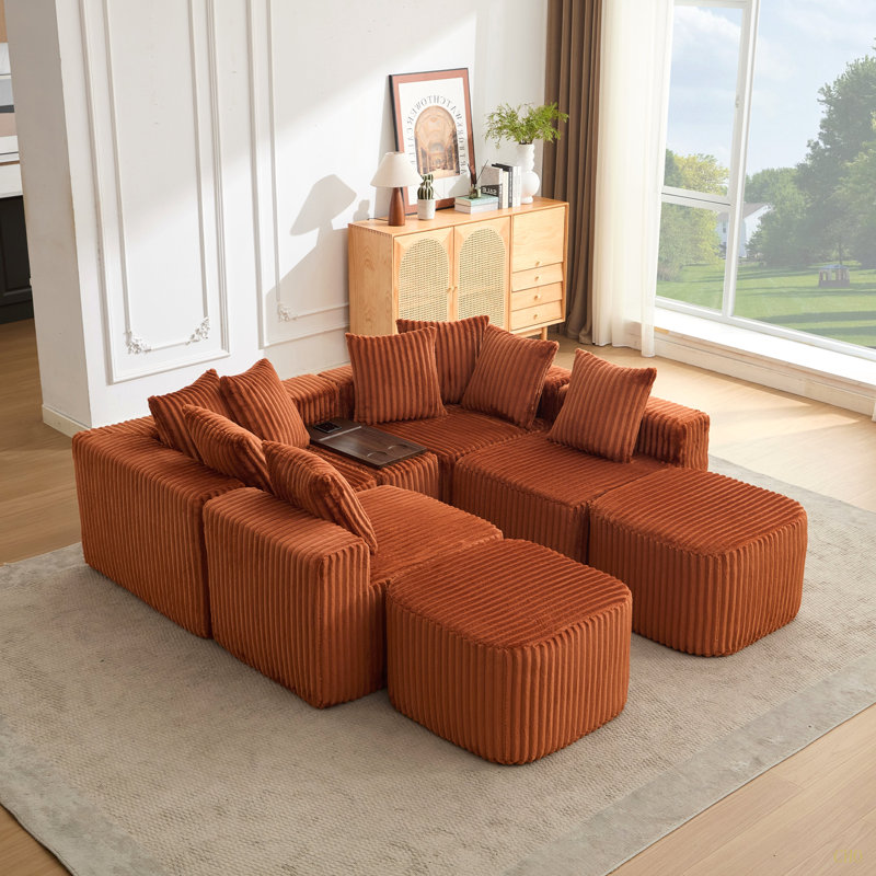 Canapé en U de 137,5 po, charge USB et sans fil, table basse avec porte-gobelet, canapé modulaire surdimensionné et mobile, repose-pieds mobile, sans assemblage, 6 sièges, velours côtelé