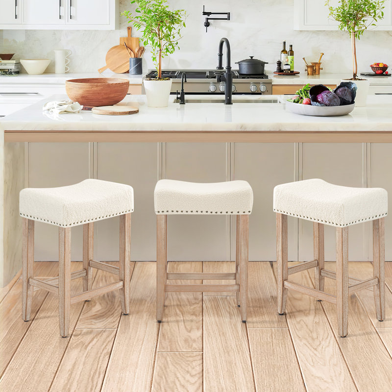 25.75" H Mid-Century Modern Saddle Stool Backless Upholstered Counter Stool with Wood Frame, Beige/Natural Wood