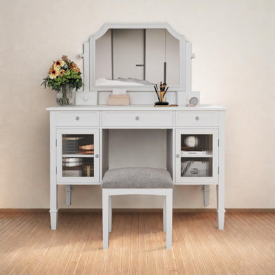 Meuble-lavabo avec miroir ajustable, tiroir et armoire, coiffeuse à maquillage peu encombrante