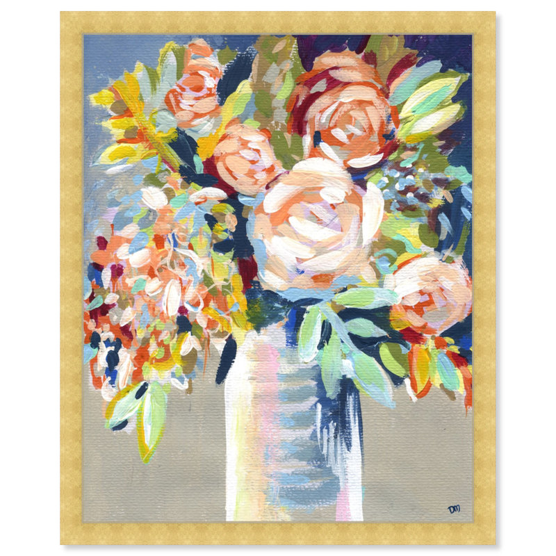 Cadre floral peint à l'orange, Cadre doré, H 26 po x l 22 po