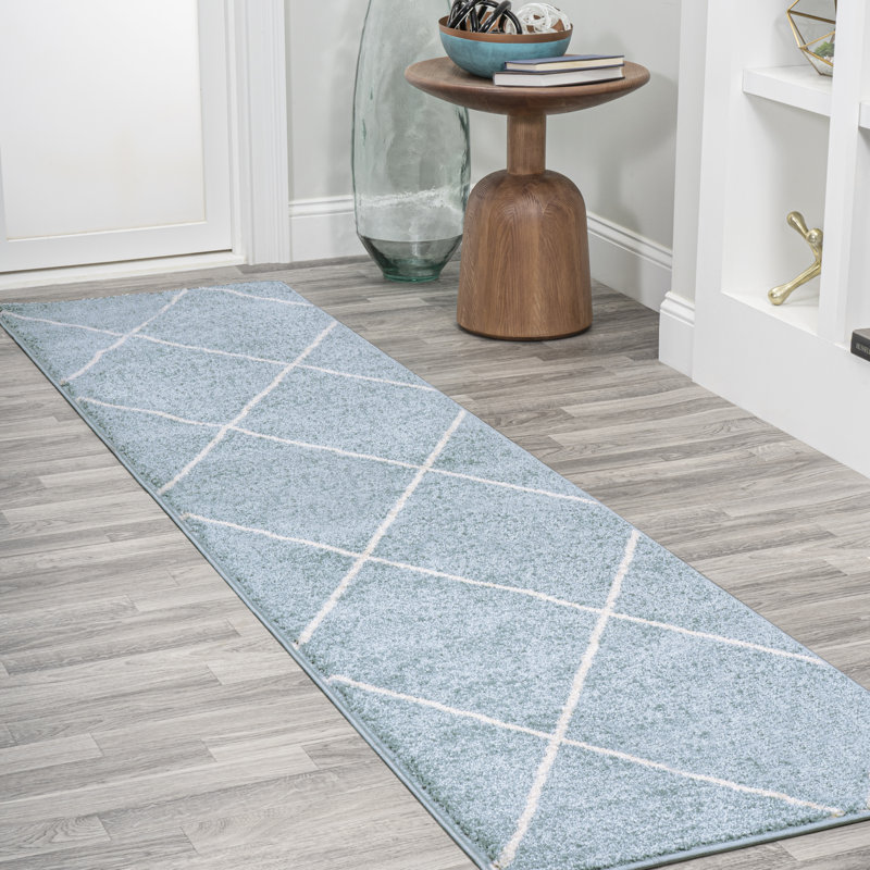 Tapis bleu clair / blanc à motif de treillis et de diamants Bertrice, Tapis de couloir 2 pi x 8 pi