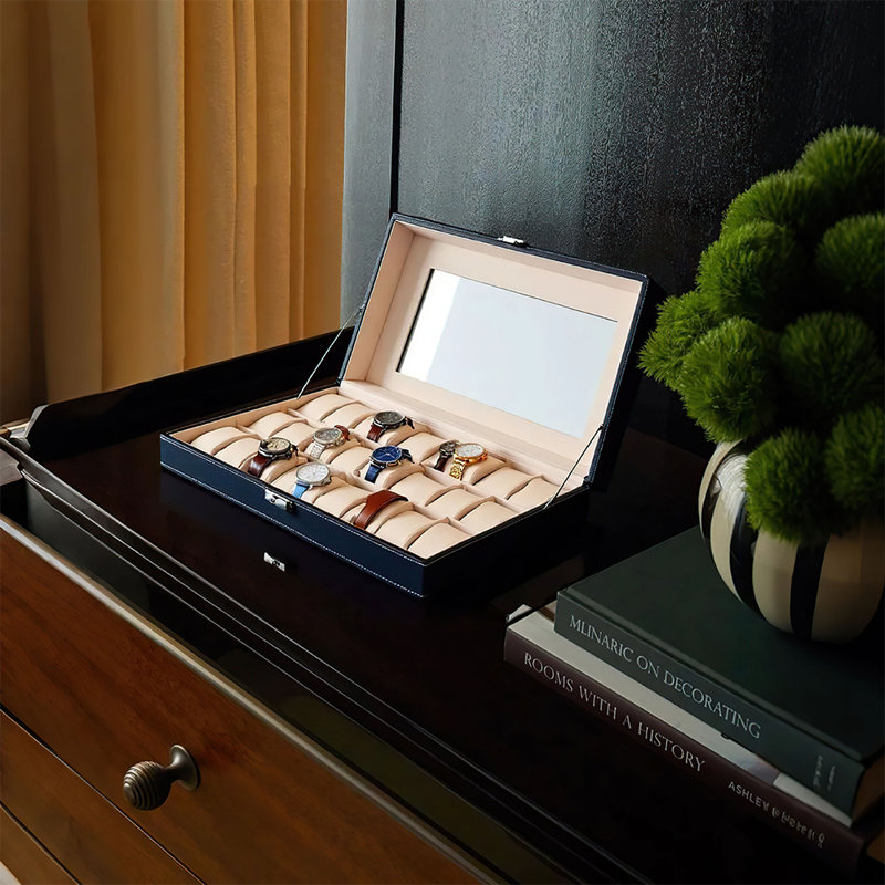 Luxury Watch Display Cases,Premium Black Leather Watch Case for Men with Secure Locking System