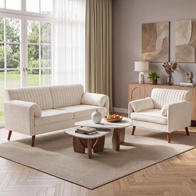 Ensemble de meubles de salon 2 pièces, canapé 2 places et fauteuil d'appoint beige en chenille, canapé 2 places rembourré de 163 cm et fauteuil de lecture d'appoint surdimensionné de 109 cm avec dossier matelassé, accoudoirs rembourrés et pieds en bois pour appartement