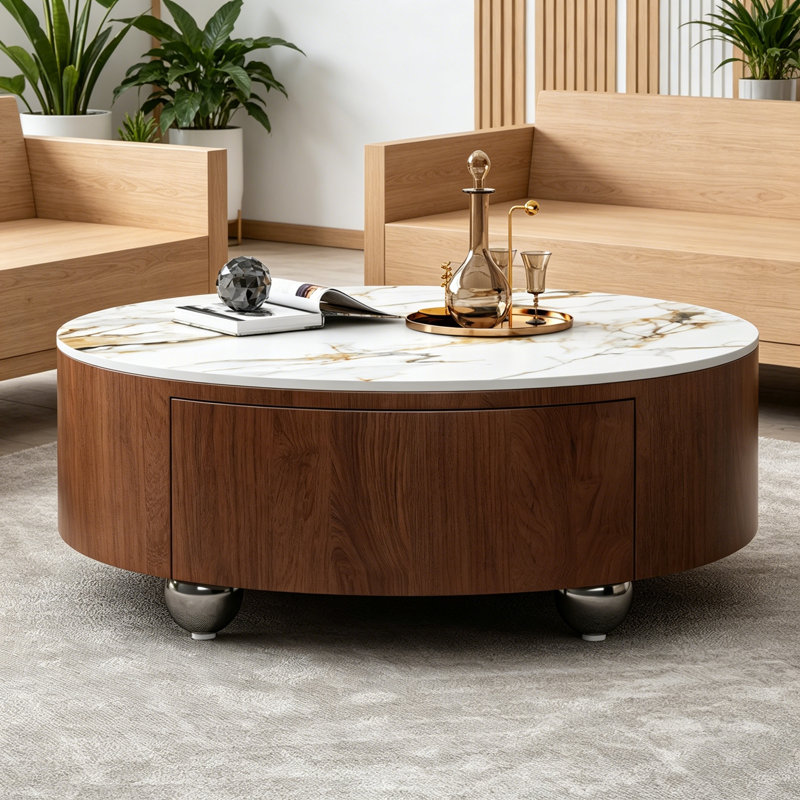Table basse ronde avec 2 tiroirs