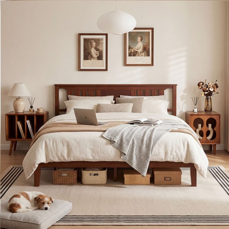 Lit plateforme en bois massif de style Mid-Century avec tête de lit, support à lattes de bois, aucun sommier nécessaire, King
