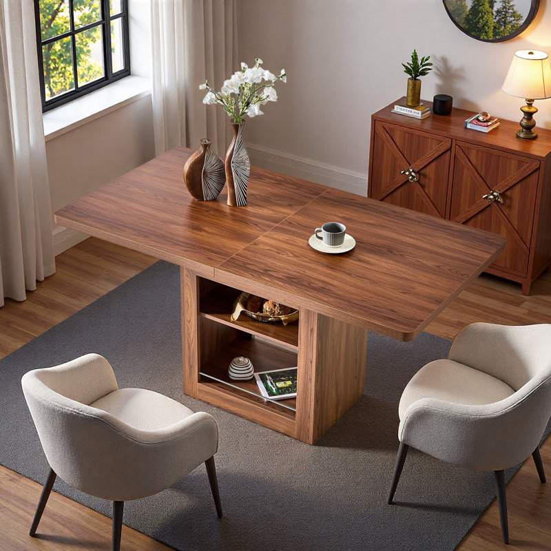 59''-71'' Expandable Dining Table, Rectangular Kitchen Dining Table With Two Open Shelves, Accommodating 4-8 People, Walnut