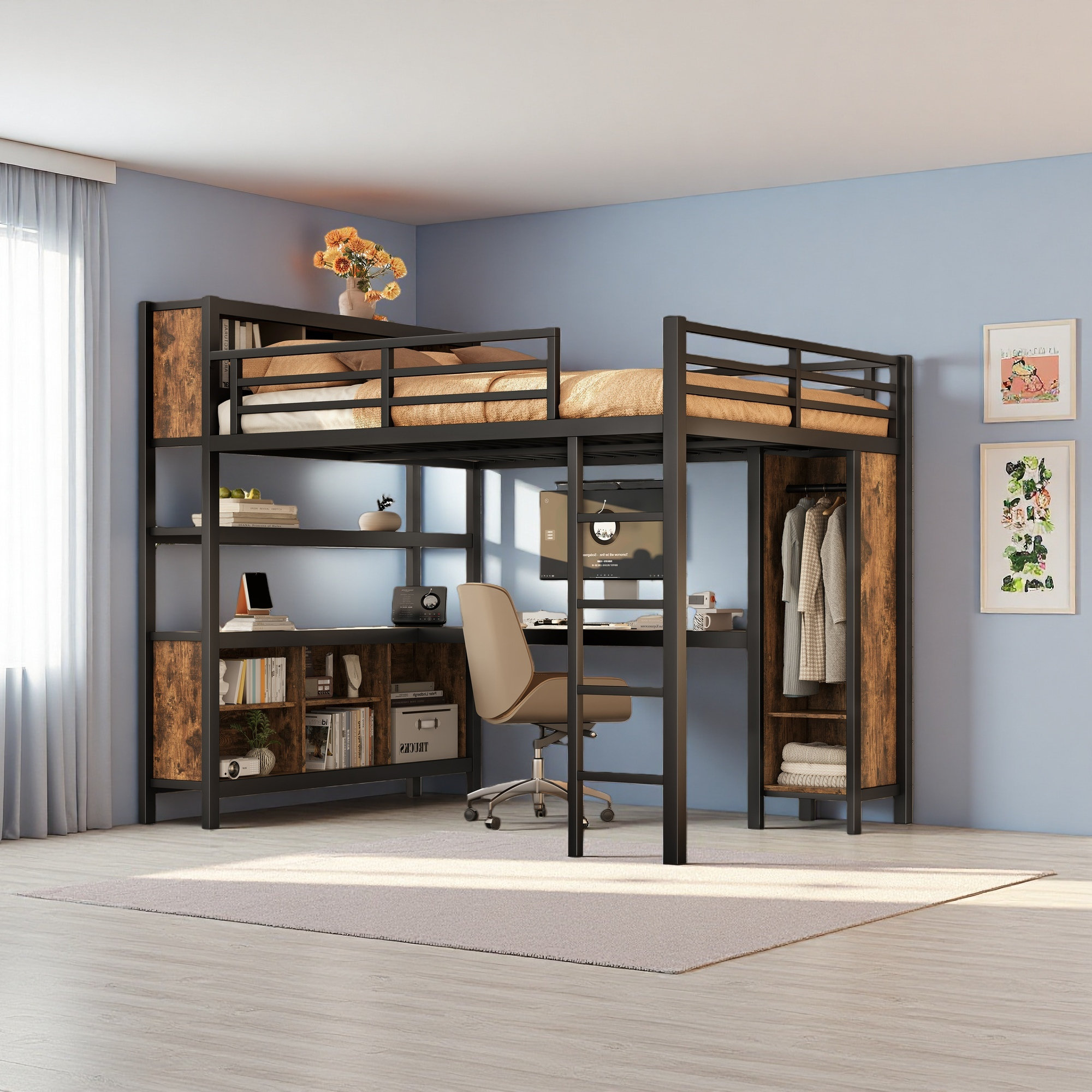 Harriet Bee Metal Loft Bed With Wardrobe And L-Shaped Desk, Queen Size ...
