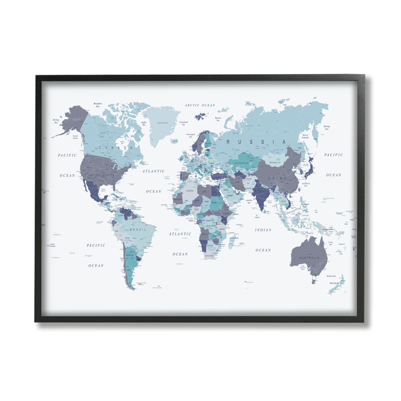 Carte du monde avec étiquettes - Régions bleues monochromes - impression, Giclée encadrée noir minuit, H 11 po x l 14 po