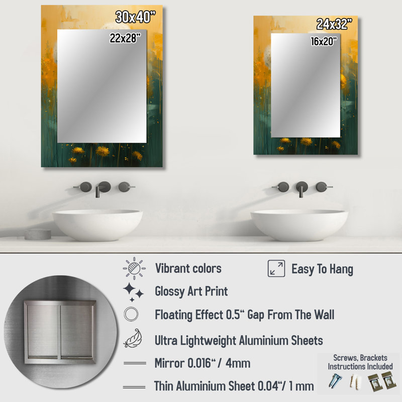Art nouveau blanc et jaune pissenlit Collage II - miroir mural blanc moderne, 40 po x 30 po