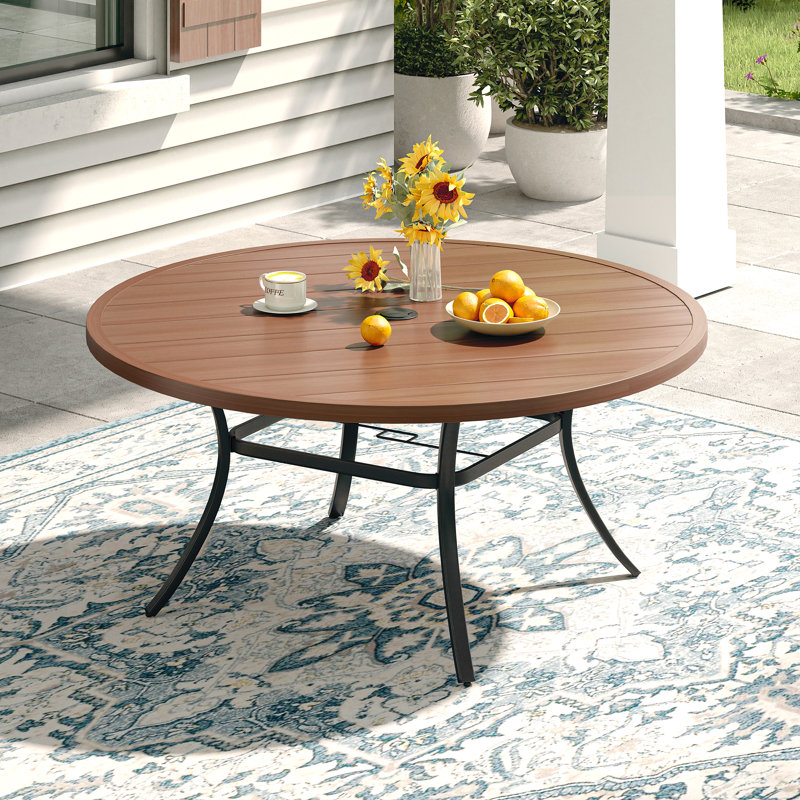 Table de salle à manger ronde en métal avec trou pour parasol, Noyer / noir, L 53 po x L 53 po x H 28 po 