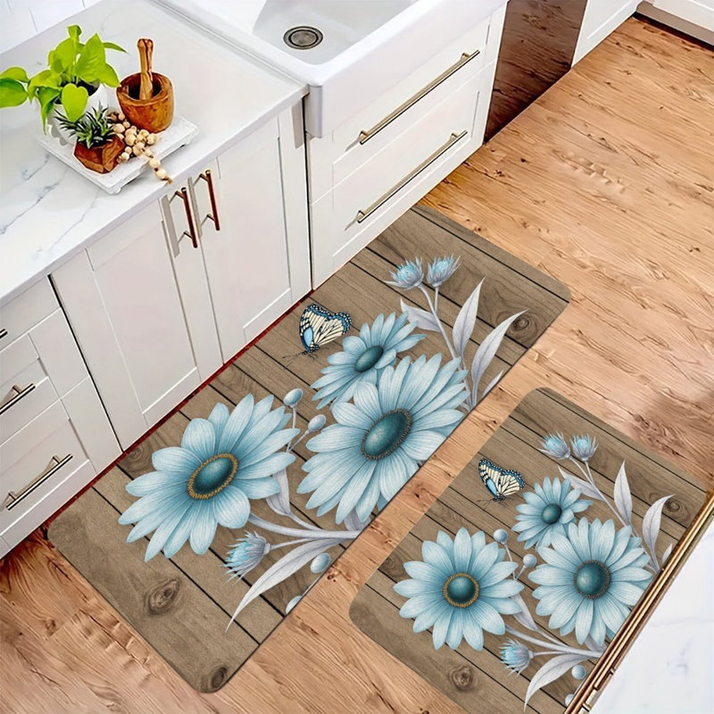 Blue Daisy Butterfly, 2 Pcs Non Slip Kitchen Mats