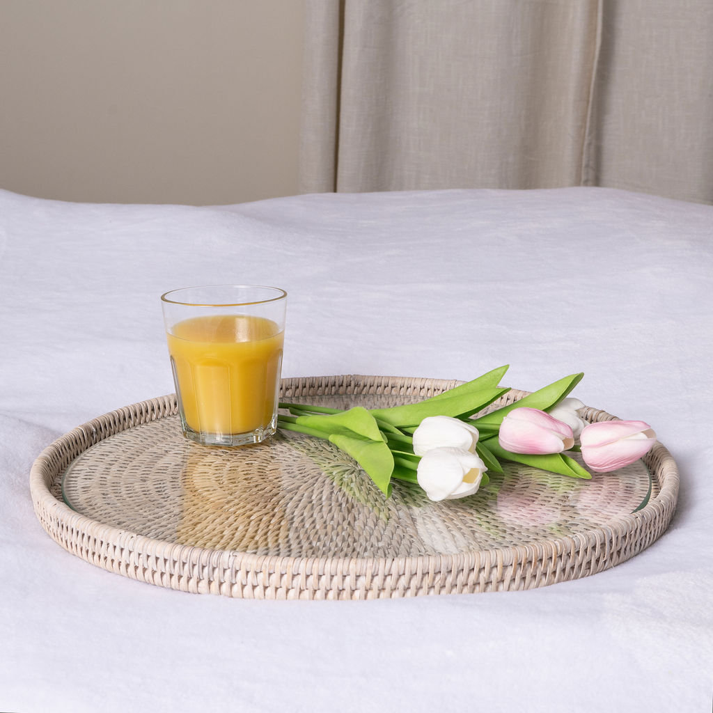 Wicker Decorative Tray, 1" H x 16" W x 16" D, White Wash, Glass Bundle
