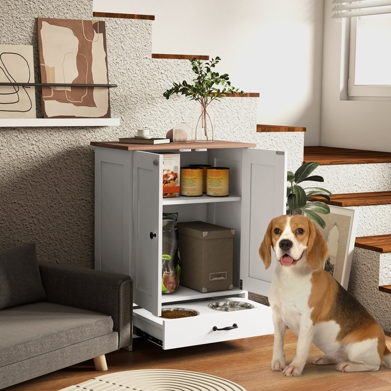 Poste d'alimentation pour chien avec bols cachés, panneau de rangement réglable et crochets, idéal pour les chiens de taille moyenne afin d'améliorer l'expérience du repas