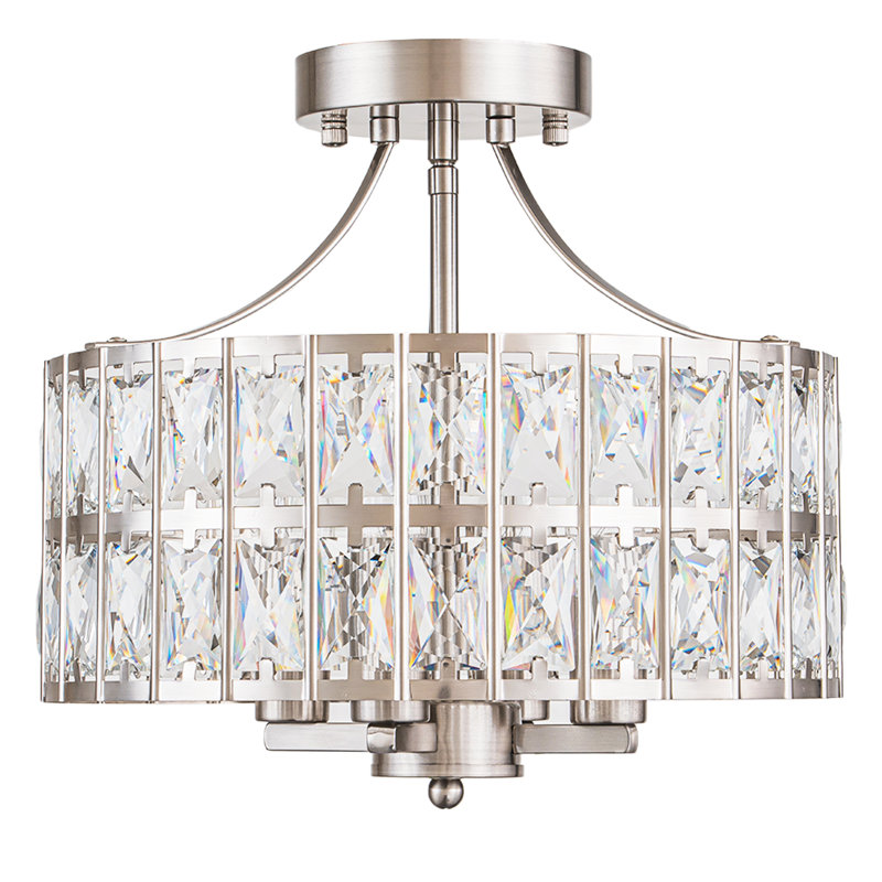 Plafonnier semi-encastré en cristal 4 lumières, Nickel brossé