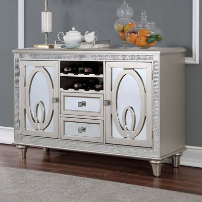 Contemporary 1PC Server Sideboard Cabinet With 2 Storage Drawers, Mirror Tile Accents, Solid Wood Construction