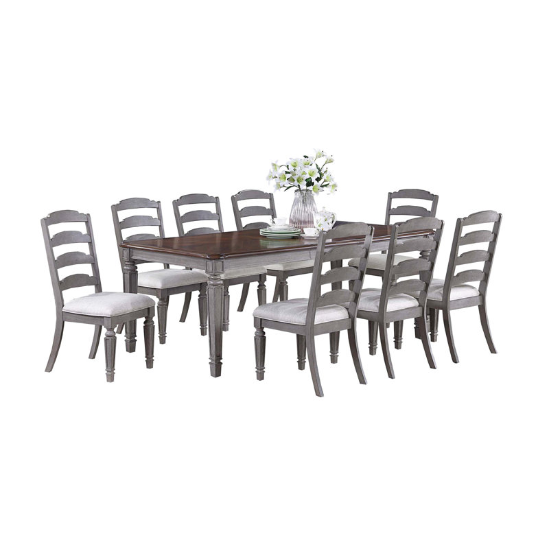 Table à manger classique 9 pièces avec table en tissu gris et 8 chaises d'appoint à dossier plaqué