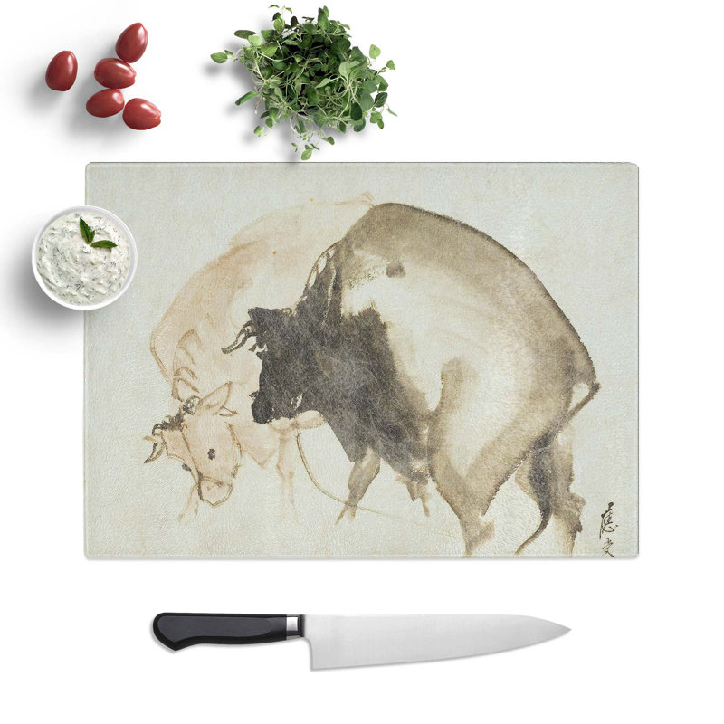 Tempered Glass Two Bulls by Maruyama Okyo Chopping Board, 28.5 cm W x 20 cm L