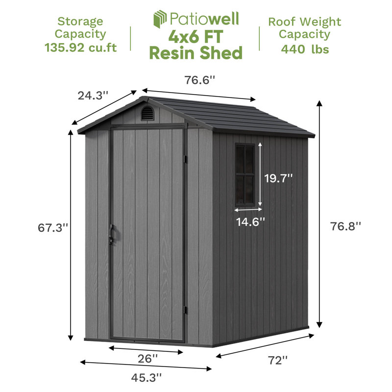 4 ft. W x 6 ft. D Plastic Storage Shed with Floor, Resin Shed with Window and Lockable Door, Dark Gray