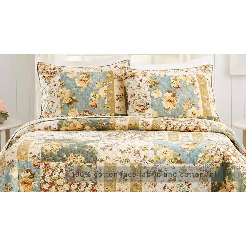 Full Blue Cotton Reversible Quilt Set with Shams