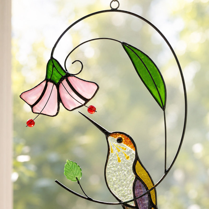 Panneau de vitrail colibri de style Tiffany avec motif floral, fenêtre en aluminium