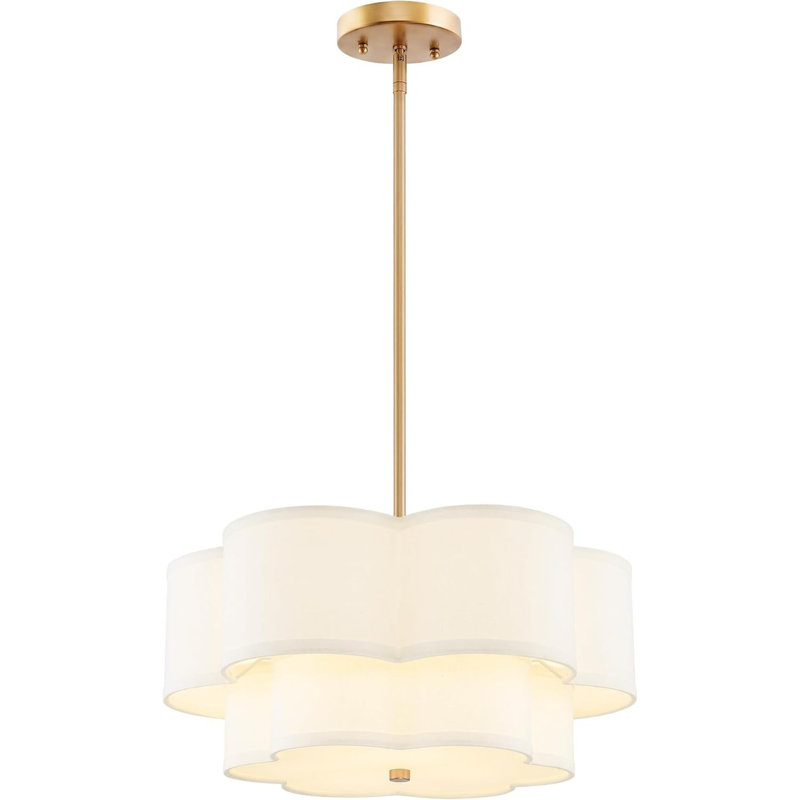 Lustre tambour en tissu doré de 45,7 cm (18 po), luminaire de salle à manger à 3 lumières, abat-jour double couche en tissu blanc à 6 pétales en forme de fleur, hauteur réglable, compatible avec les sols plats et inclinés, certifié ETL