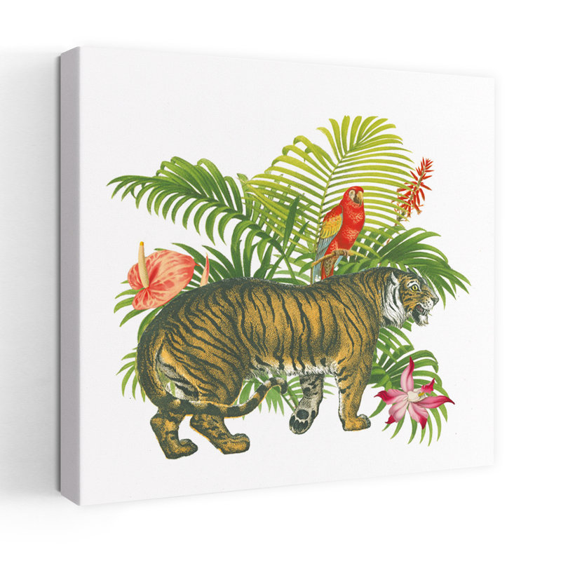 «In The Jungle I», art abstrait rétro, oiseau, chat, palmier, paysage, H 48 po x l 48 po