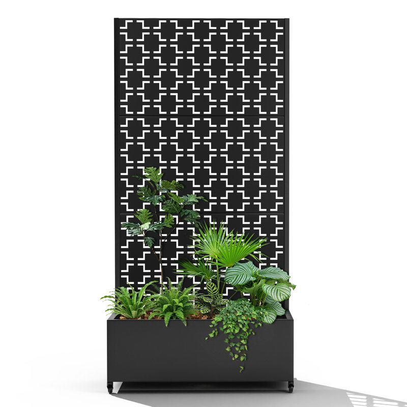 Metal Planter Wall with Trellis and Wheels, Mobile Outdoor Elevated Garden Bed, Dual-Purpose for Privacy Decoration and Planting, with Drainage Holes, Perfect for Climbing Plants, Vegetables, and Vining Flowers – A Must-Have for Garden Enthusiasts