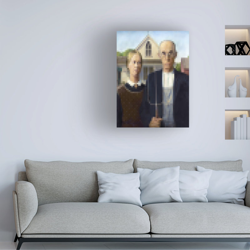 «Pixelated American Gothic» sur un cadre de bolognaise, H 19 po x l 14 po