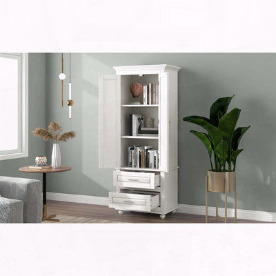 Tall Storage Cabinet with Two Drawers and Two Doors - White