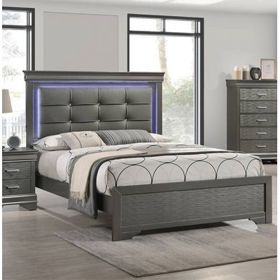 Gray Finish 1Pc Queen Size Bed Square Button Tufting LED Lights Gray Finish Bedroom Furniture